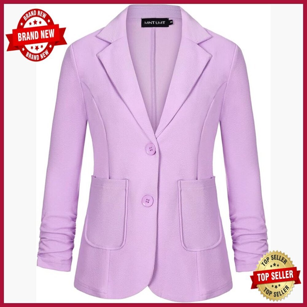 Slim Fit Blazer with Ruched 3/4 Sleeves, Notched Lapel, Pockets for Work Office